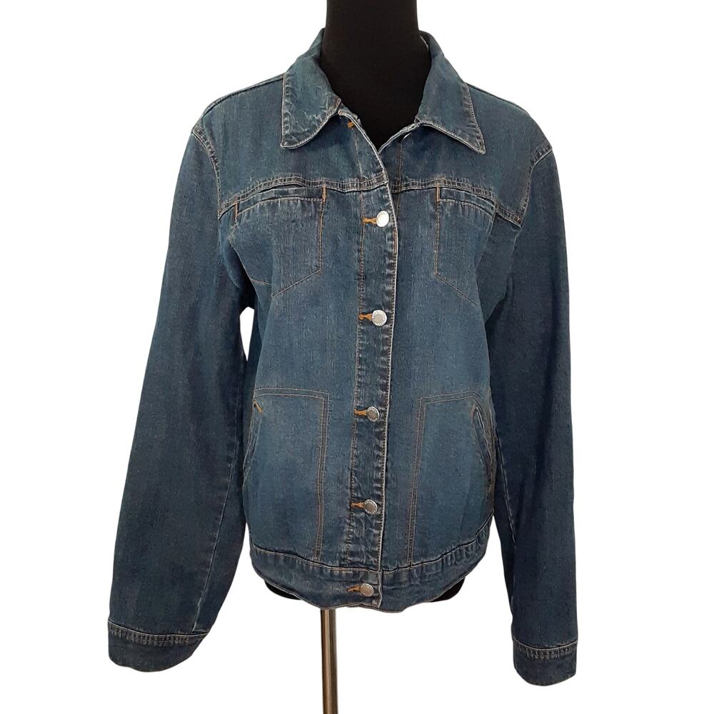 Vintage Y2K Denim Jacket Button Up Wide Collar Cargo Pocket Womens 18 Dark Wash